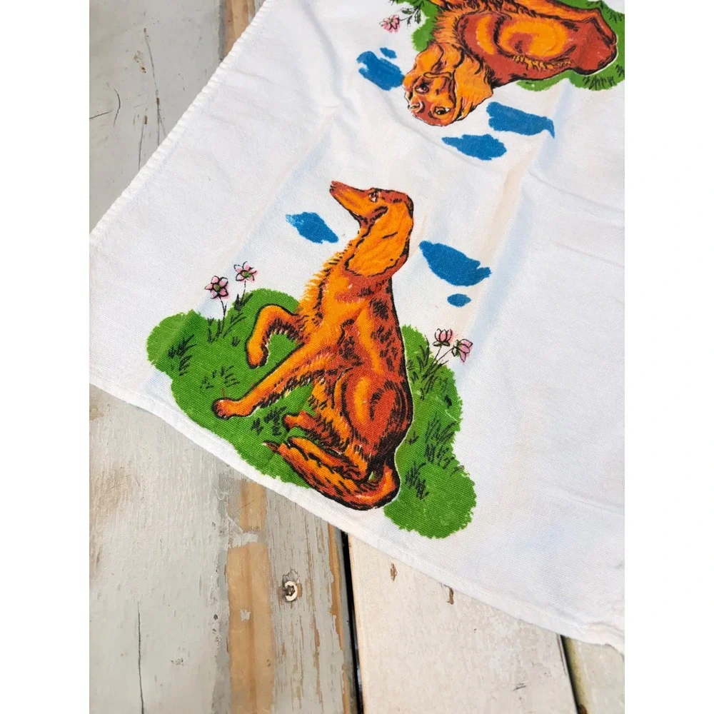 Vintage Golden Retriever Irish Setter Dog Tea Towel Fringed White Kitchen Linen